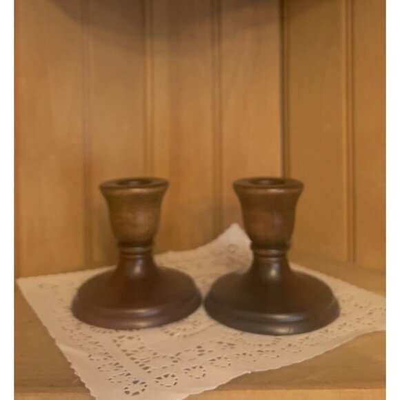 Vintage Dark Solid Set of 2 Wooden Taper Candle Holders Rustic Decor - Picture 1 of 4